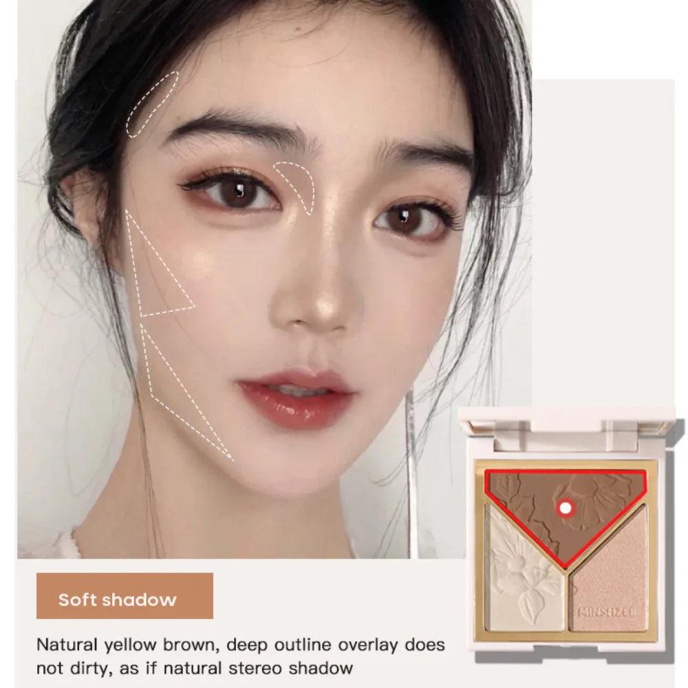 3-in-1 Highlighter Contour Palette: Bronzer, Blusher, Illuminator. Korean Cosmetics.