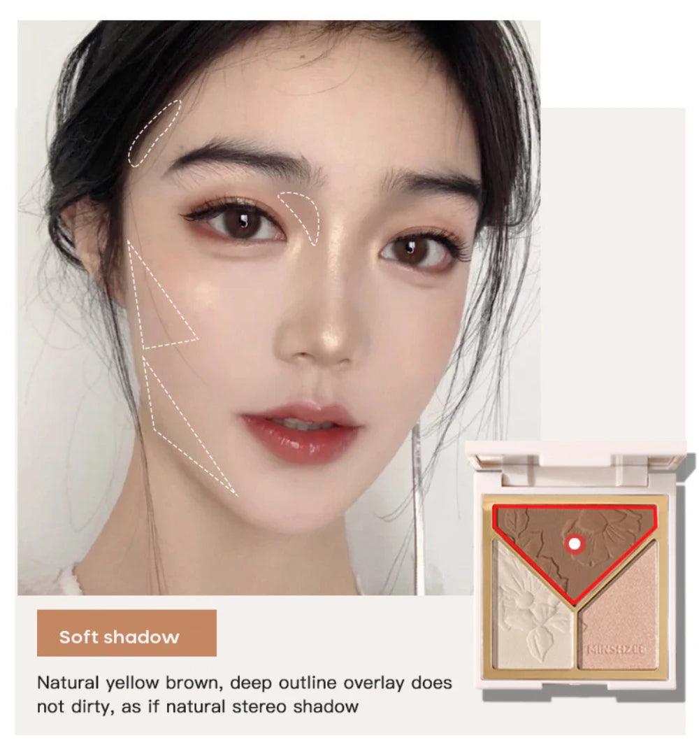 3-in-1 Highlighter Contour Palette: Bronzer, Blusher, Illuminator. Korean Cosmetics.