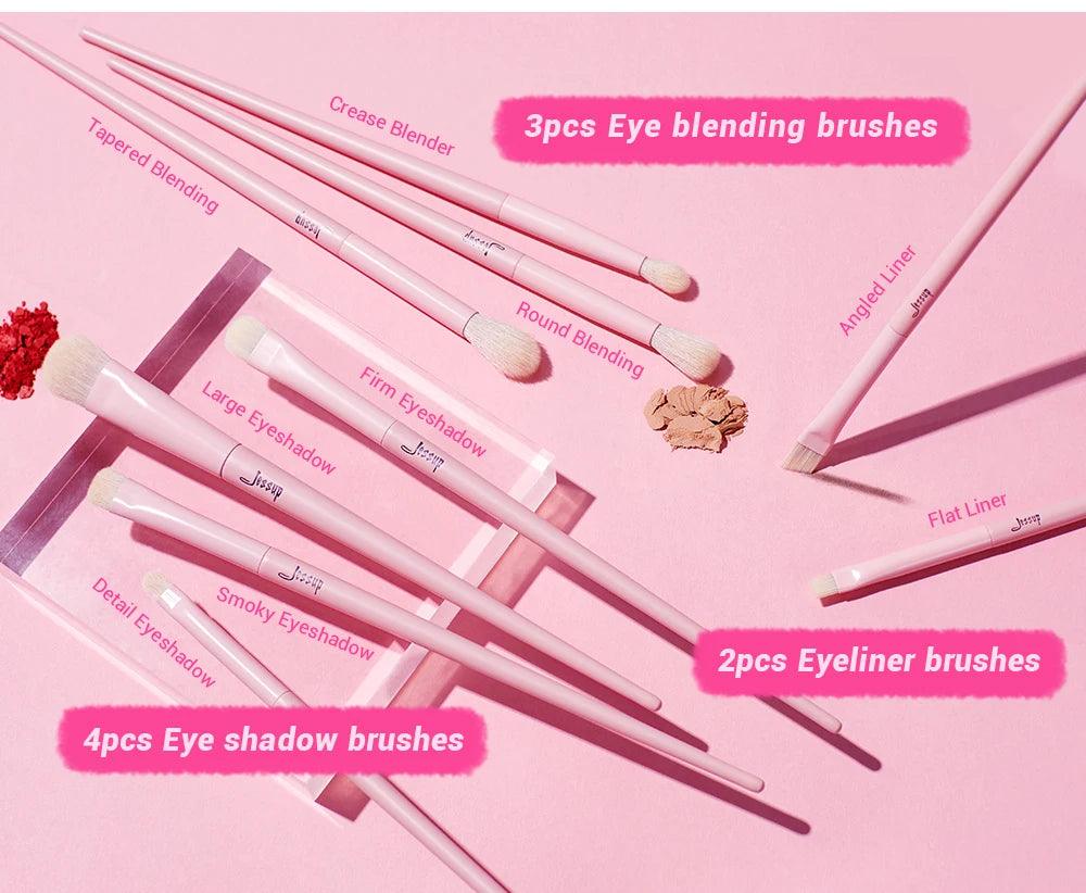 Jessup Pink Makeup Brushes Set: 14pcs, Vegan, for Face and Eyes.