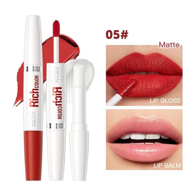 QIBEST Matte Liquid Lipstick: Waterproof, dual-head, long-lasting, reduces lines.